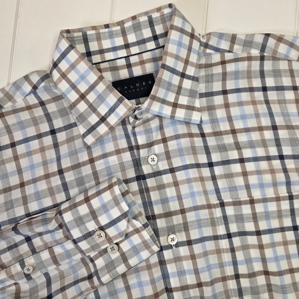 Calder Carmel Men's M Blue‎ Tan Plaid Button Down L/S Shirt Limited Edition